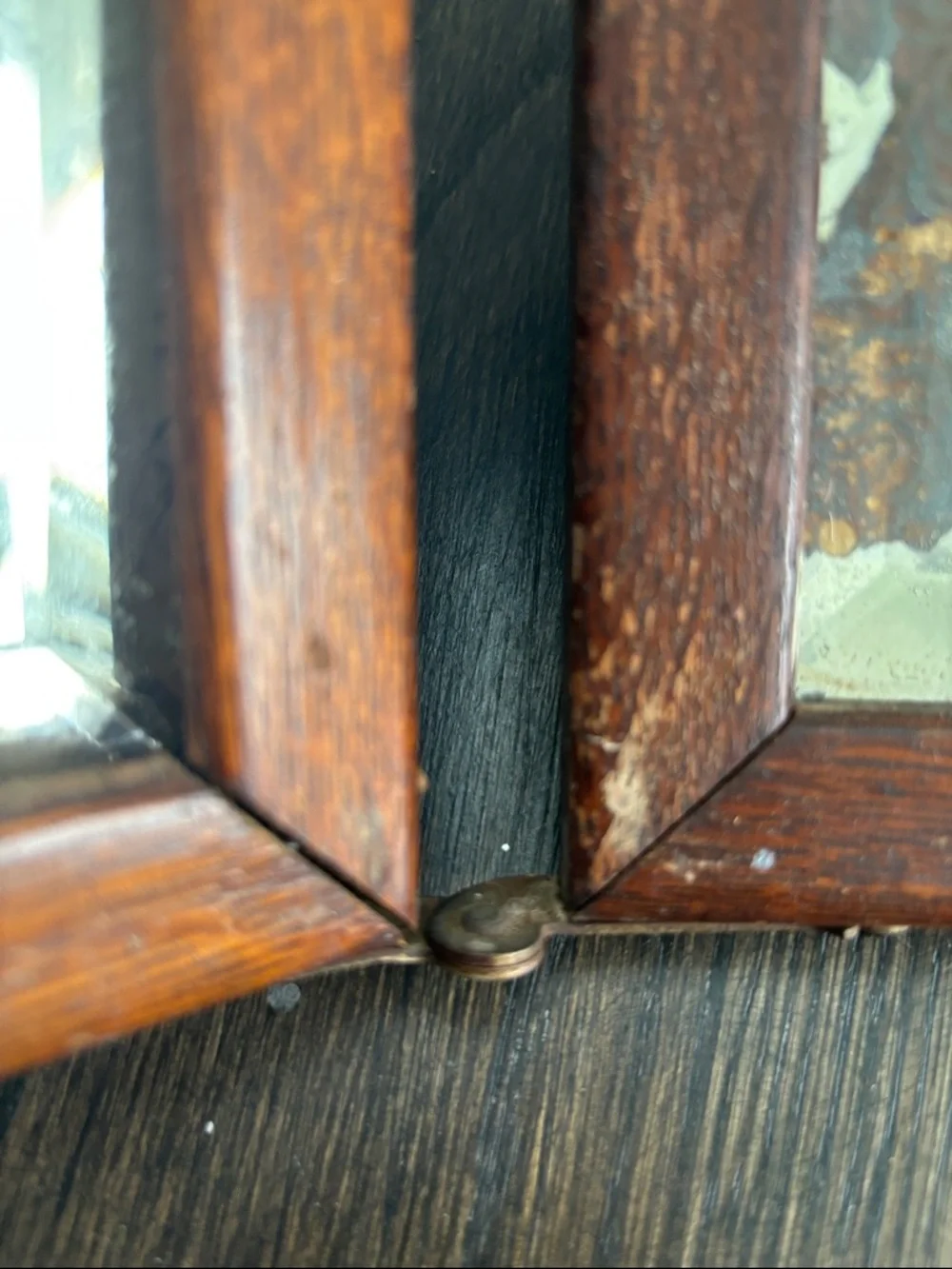 Vintage triple wood framed mirrors, beveled glass,hinges,patina,7.25x7.25” each